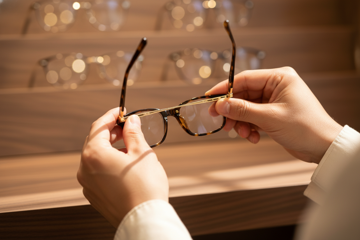 Optician's hands carefully adjusting a tortoiseshell frame