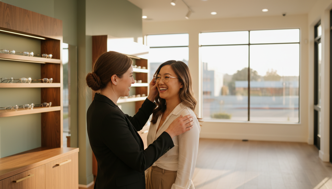 Patient choosing designer eyeglasses with smiling optician at Vallejo Optometry Group